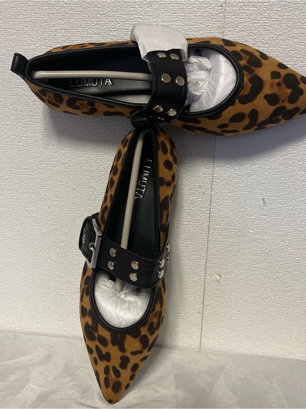 Leopard Print Pointed Mary Jane Flats with Studded Strap